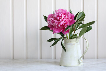A peony in full bloom in a jug on the table in the cottage. a garden flower. cottage core.