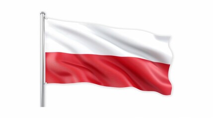 Waving flag of Poland on a plain white background. National polish flag with red and white colors fluttering in the breeze.