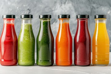bottles of different freshly squeezed smoothies close-up in row