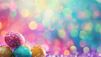 Bright and colorful Easter eggs with bokeh lights creating a cheerful festive mood. Easter celebration with vibrant painted eggs and a glittery bokeh background.