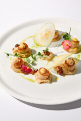 Seared Sea Scallops with Apple and Celery Puree Isolated on White