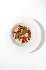 Roast Beef Salad with Quail Eggs and Vegetables Top View