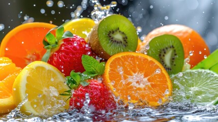 Fresh Fruits Falling with water Splash, reflection, cutout. Orange, grapefruit juicy citrus slice mix fly splashing, realistic, detailed. Grocery product package, advert