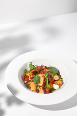 Mediterranean salad with octopus, potatoes, tomatoes, and Kalamata olives in a spicy sauce, shadowed on a white background