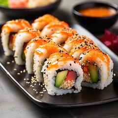Sushi Platter, close up. Realistic 3d illustration Japanese salmon sushi set, detailed for advertising, menu or package.