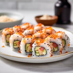Sushi Platter, close up. Realistic 3d illustration Japanese salmon sushi set, detailed for advertising, menu or package.