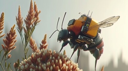 A robotic bee perches on a flower and pollinates it. Hard-working insect pollinator with artificial intelligence at work. Technologies of the future. Illustration for varied design. - obrazy, fototapety, plakaty