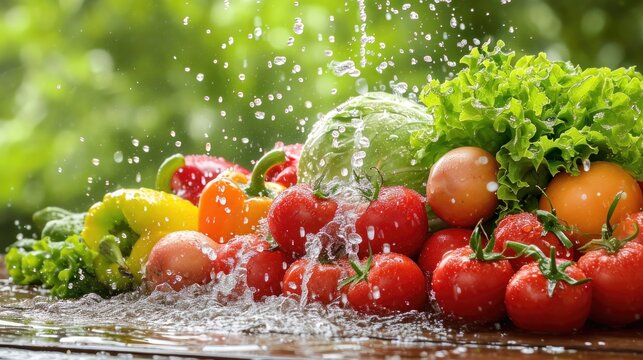 Vegetables Fresh Falling with water Splash, reflection, cutout. Whole vegetable mix, tomato fly splashing, realistic, detailed. Grocery product package, advert