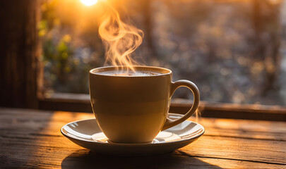 Morning coffee in rustic setting