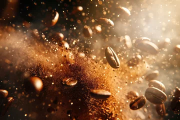 Zelfklevend Fotobehang Splash of coffee beans and ground coffee with sun rays on a dark background, explosive coffee  © Ivan