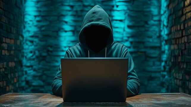Guy hacker sits at a table in front of a laptop on a dark background. The man is stealing data. The concept of cybercrime and cybersecurity. Technology illustration for banner, brochure, presentation.