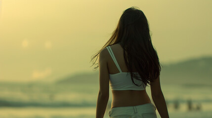 The silhouette of a contemplative young woman is seen facing the vast ocean, basking in the tranquil atmosphere of a sunset backdrop.
