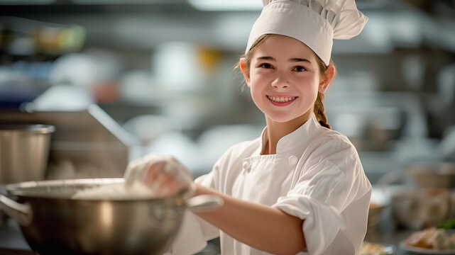 A cheerful young girl wearing a professional chef's uniform is stirring a pot in a commercial kitchen, portraying a passion for cooking and culinary education at an early age.