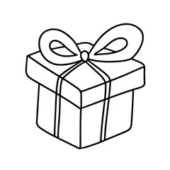 Present box colored outline. Gift box in doodle style isolated on white background. Hand drawn vector art.
