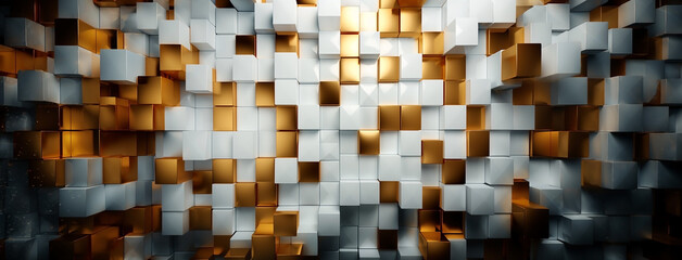 Matt gold and white metallic abstract luxury mosaic title texture pattern square grid material map for 3D modeling   - obrazy, fototapety, plakaty