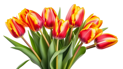 Spring tulips, red and yellow flower bunch, floral bouquet isolated on white background