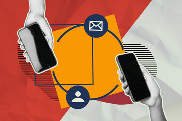 Creative photo collage modern technology smartphone share information data wireless internet connection communication remote correspondence