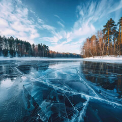 Blue ice and cracks of the surface of the ice with blue sky