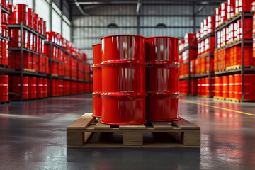Large room or hall with red barrels on a pallet close up
