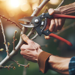 pruner cutting a tree branch on nature background - obrazy, fototapety, plakaty