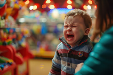 Fototapeta na wymiar toddler crying in a toy store because he can't get the toy he wants