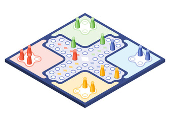 Board game, flat isometric view. Isolated colored icon. Playing cards and dice table gaming. Cartoon family table game for adults and kids for leisure and recreation.  illustration