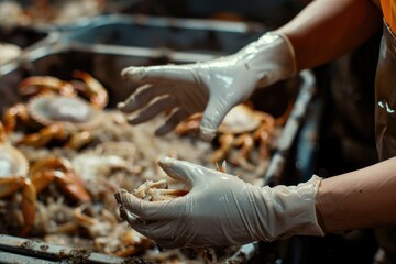 Close hands folded Sea crabs are cut up. seafood on ice in a store, at the market. Fish factory. Production and sorting of crabs - obrazy, fototapety, plakaty
