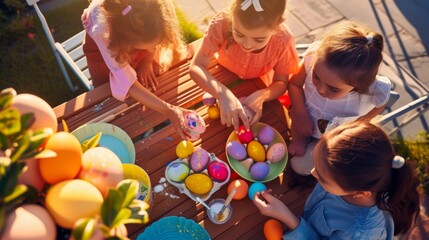 Fototapeta na wymiar Sunlit children's hands picking brightly dyed Easter eggs during a festive outdoor activity. Young creators showcase their artful eggs on a wooden table, sharing the spirit of spring