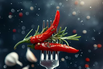 Photo sur Plexiglas Piments forts Red chili peppers with rosemary stuck on a fork with spice elements in the background with space for text and inscriptions, close up view 