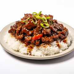 Szechuan beef with steamed rice on white background 