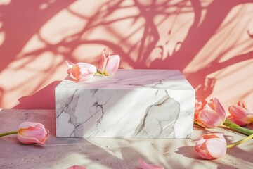 Pink tulips on a marble block with dramatic shadows, a vibrant springtime product display with a touch of elegance