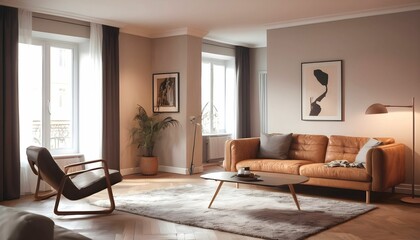Living room interior with comfortable sofa and coffee table