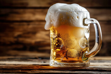 close-up of a frosty beer mug filled to the brim with golden lager