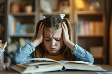 child refusing to do her homework. She is sitting at her desk with her books open, but she is crying and refusing to write - obrazy, fototapety, plakaty