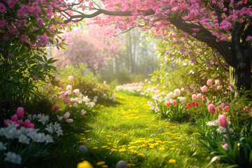beautiful scene of a garden in spring. - obrazy, fototapety, plakaty