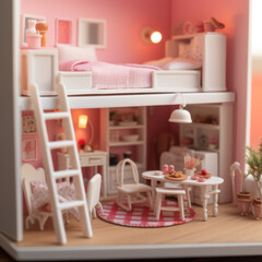 closeup of miniature pink and white little kids bedroom
