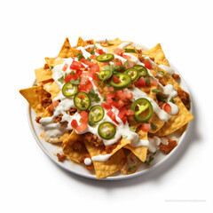 A plate of Loaded nachos on a white background