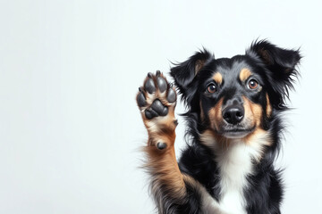 Portrait of a border collie dog with a raised paw isolated on a light blue empty background with space for text or inscriptions
