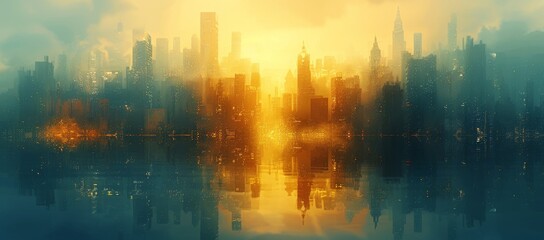 Amidst a sea of fog, a towering skyscraper glows with a warm yellow light, its reflection dancing upon the calm waters below, creating a mesmerizing cityscape against the cloudy sky