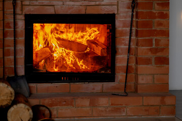 Firewood is burning brightly in a brick fireplace behind a glass screen