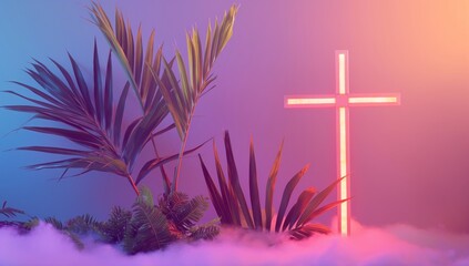 jesus cross with palm leaves next to a purple background