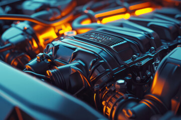 Engine under the hood of the car, close view
 - obrazy, fototapety, plakaty