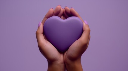 hands holding a purple heart on a purple simple background