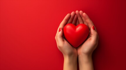 Fototapeta premium hands holding a simple red heart over a red background