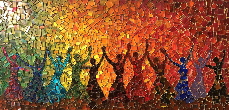 A vibrant mosaic of colored glass pieces, creating an image that captures the essence of festival music and dance without depicting any humans with background shifts from rust orange to warm brown