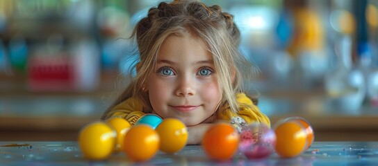 Fototapeta na wymiar A young girl with piercing blue eyes and braided hair rests upon a table surrounded by colorful balls, exuding innocence and wonder in an indoor setting
