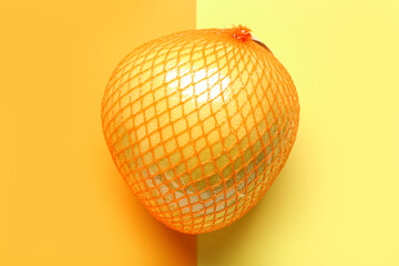 Fresh pomelo fruit in net on colorful background