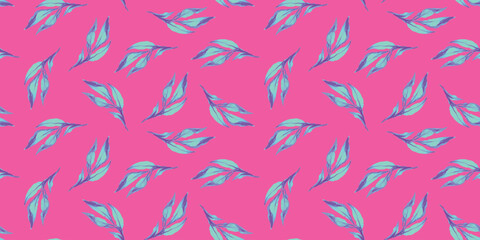 Elegant watercolor floral seamless patter. Blue leaves watercolor ornament on pink background