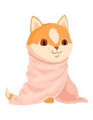 Cat character in blanket. Cartoon drawing of adorable comic domestic animal in warm clothing isolated on white background.  illustration