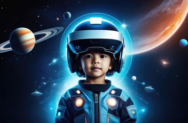 A child wearing a VR helmet is in outer space thanks to VR, with planets and stars around, concept of new future technology, futuristic environment